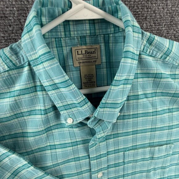 LL Bean Oxford Cloth Button Down Stretch Blue Plaid Large Cotton Blend 510030 - Picture 9 of 14